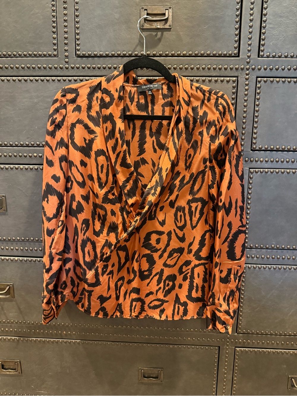 Lafayette 148 Orange and Black Silk Animal-Print Wrap Blouse